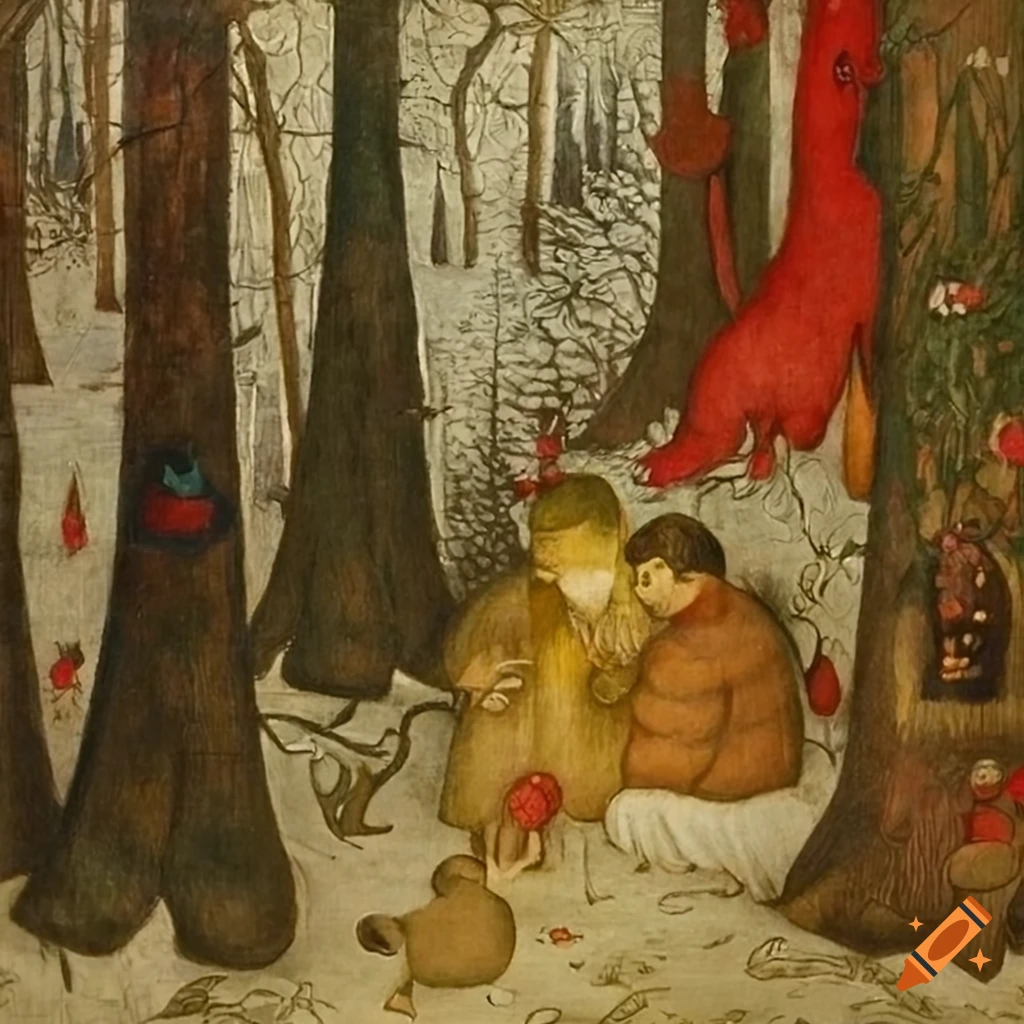 detailed oil painting of a festive Christmas forest scene