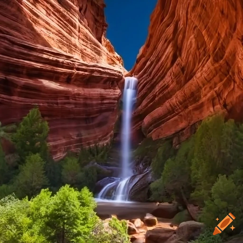red rock canyon with pine trees and a waterfall