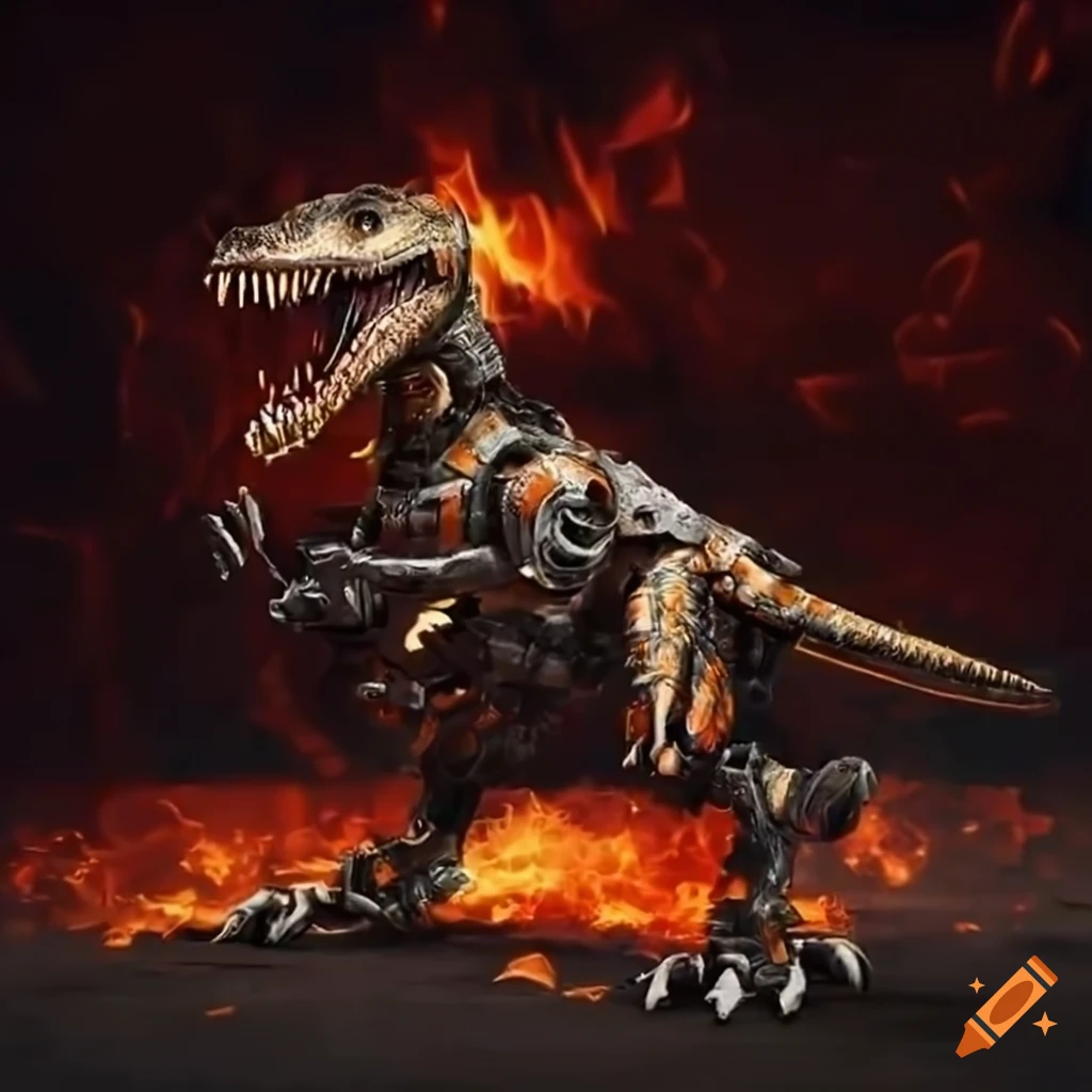 Mechanical velociraptor with flame throwers on Craiyon