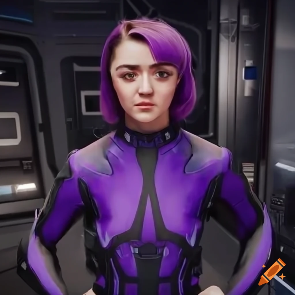 Maisie Williams as sci-fi girl with purple hair and UK flag