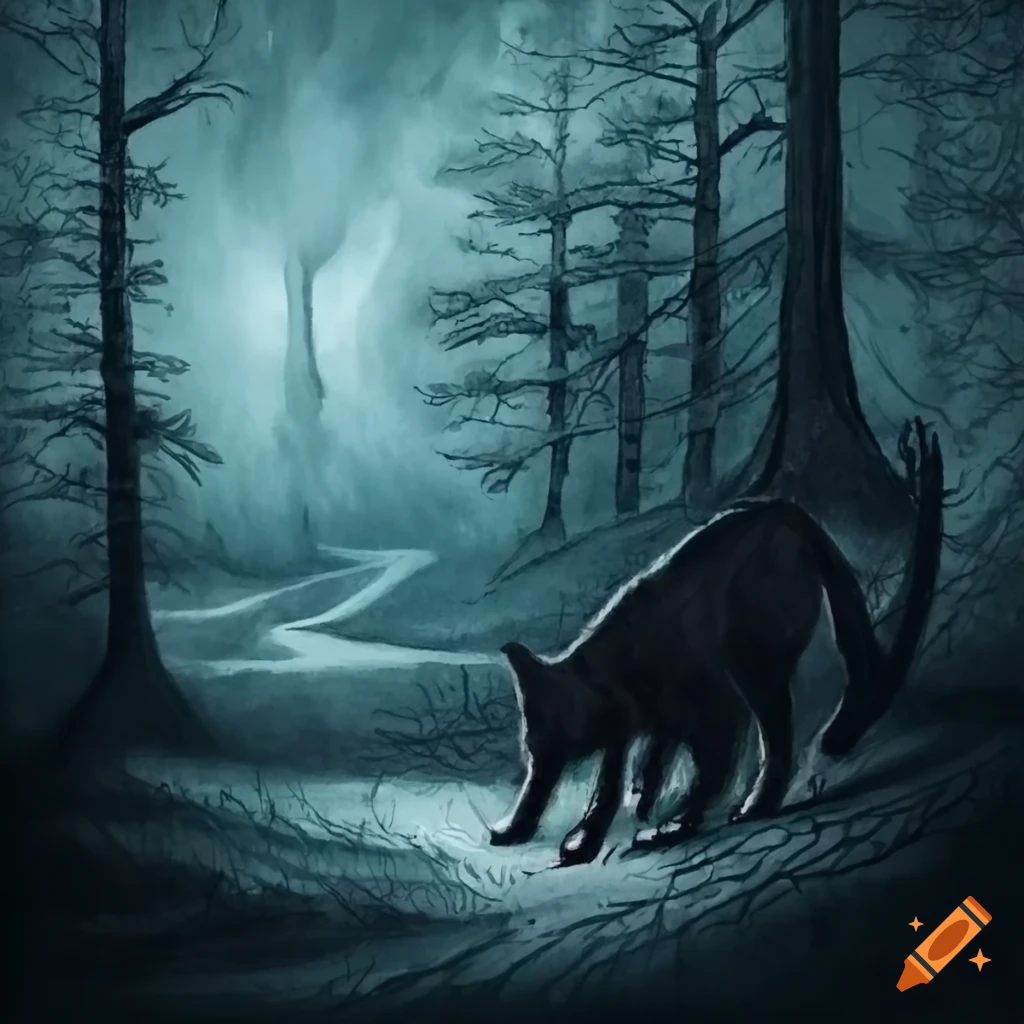 silbernes Licht, knorriger Baum, schwarze Katze im Wald