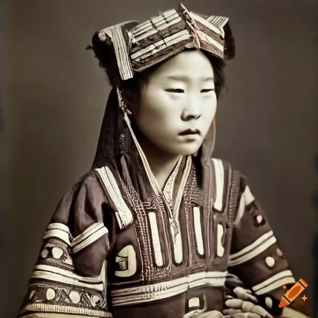 portrait of a young Ainu woman in traditional clothing