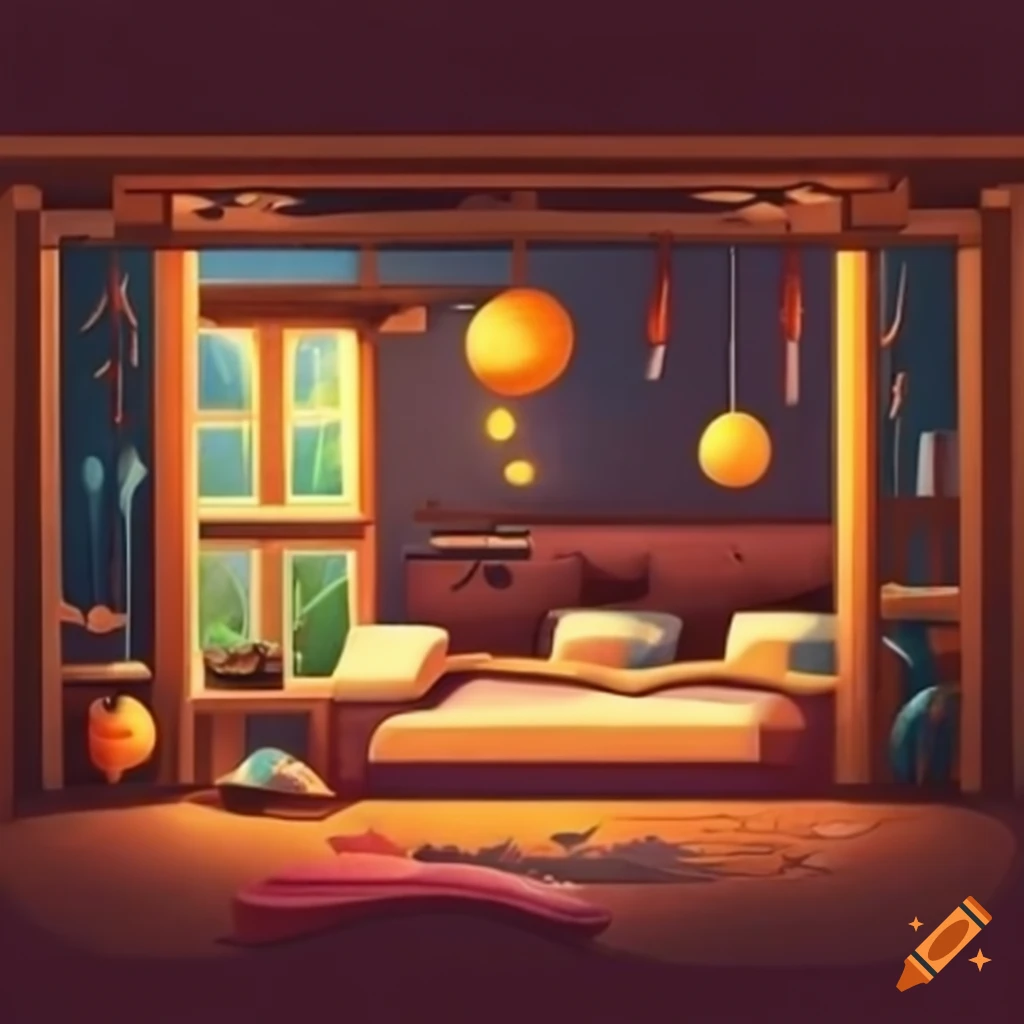 King bunk bed with builtin desk in a forest view on Craiyon