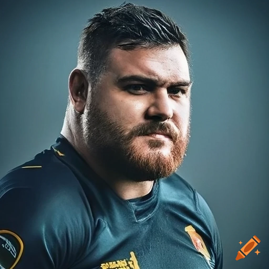 portrait of a chubby Spanish rugby player with beard and tattoos