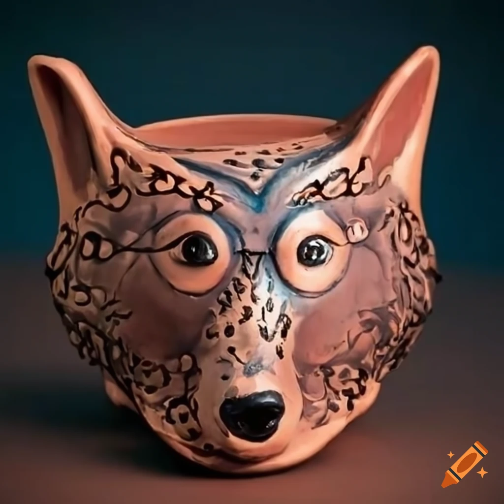 Wolfshaped clay pot