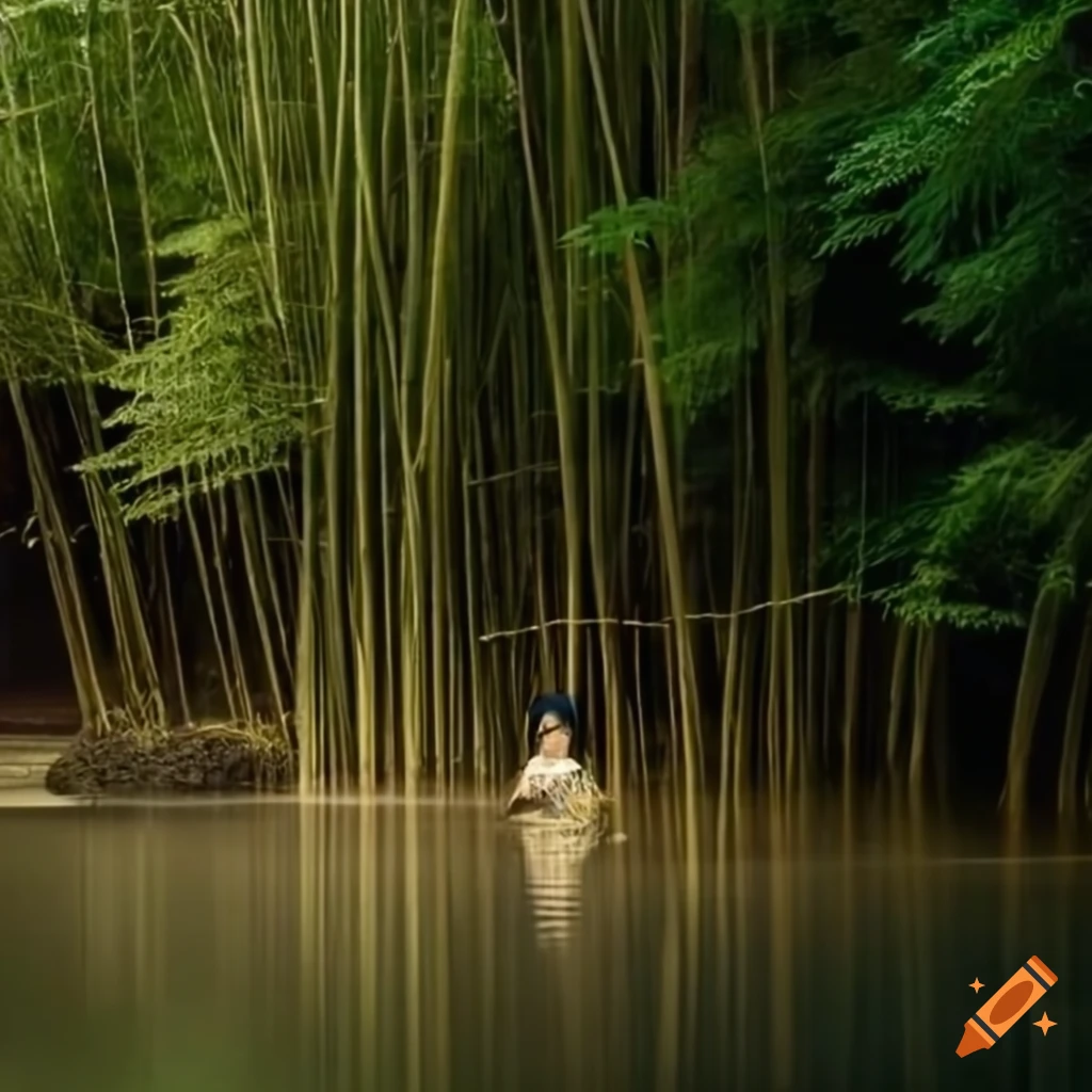 painting of a samurai in a bamboo forest