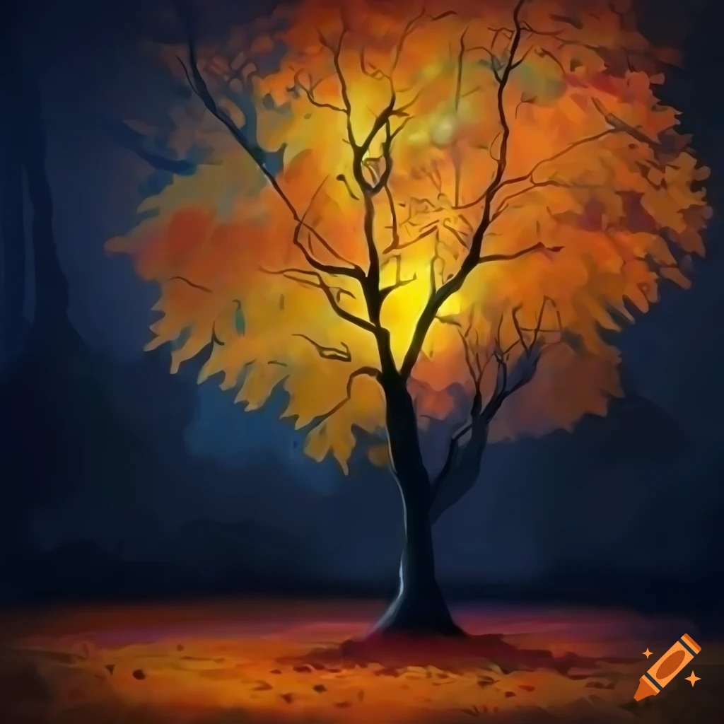 Realistic digital painting of a glowing tree in autumn night