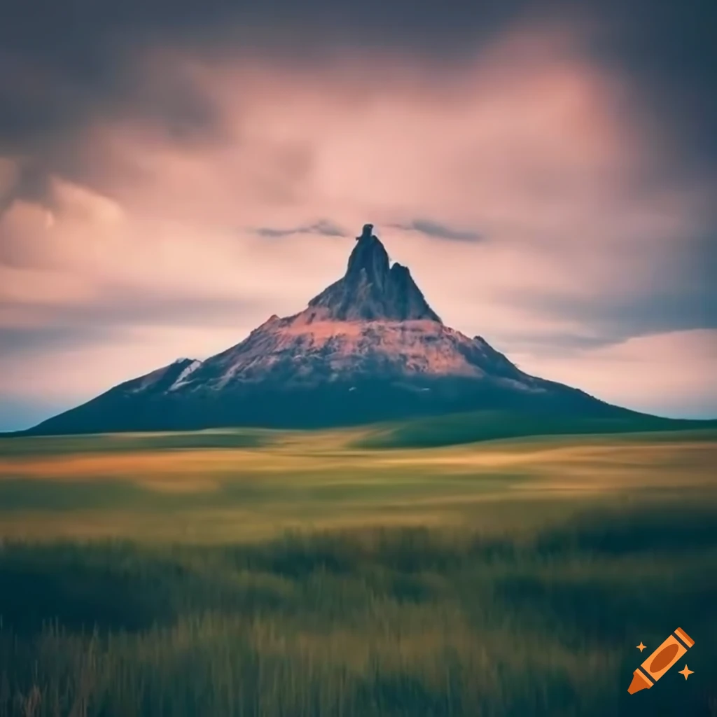 mountain peak hidden in clouds on scenic prairie