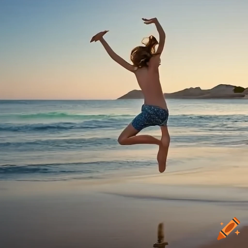 Girl jumping on the beach on craiyon