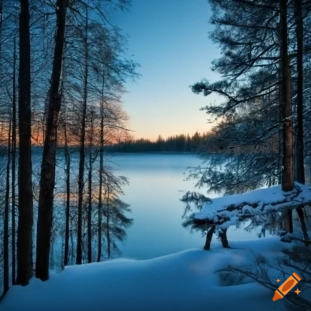 winter portrait on Finnish wood with lake in the background