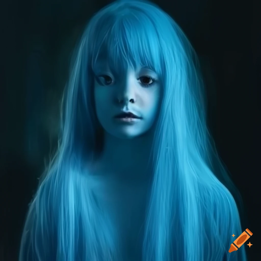 Realistic depiction of a blue ghost girl on Craiyon