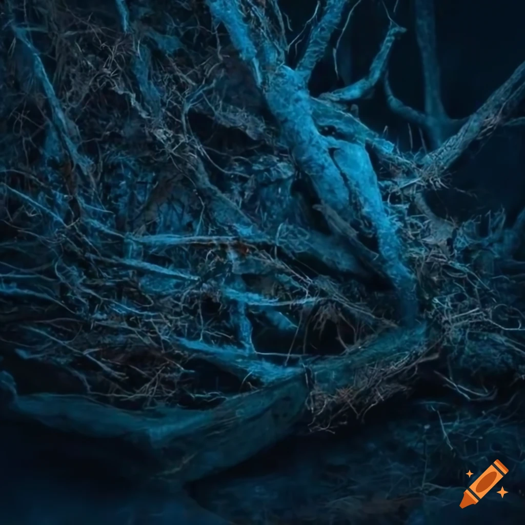 surreal close-up of a chaotic heap of branches in an abandoned landscape