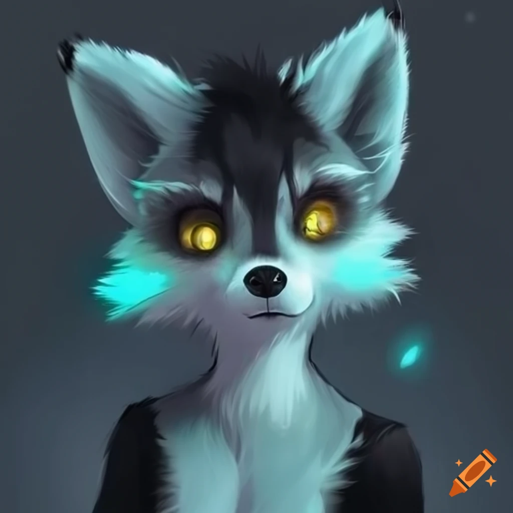 Black and white anthro fox with glowing yellow eyes