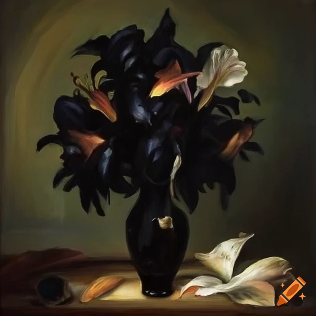 Baroque oil painting of black lilies in a vase on Craiyon
