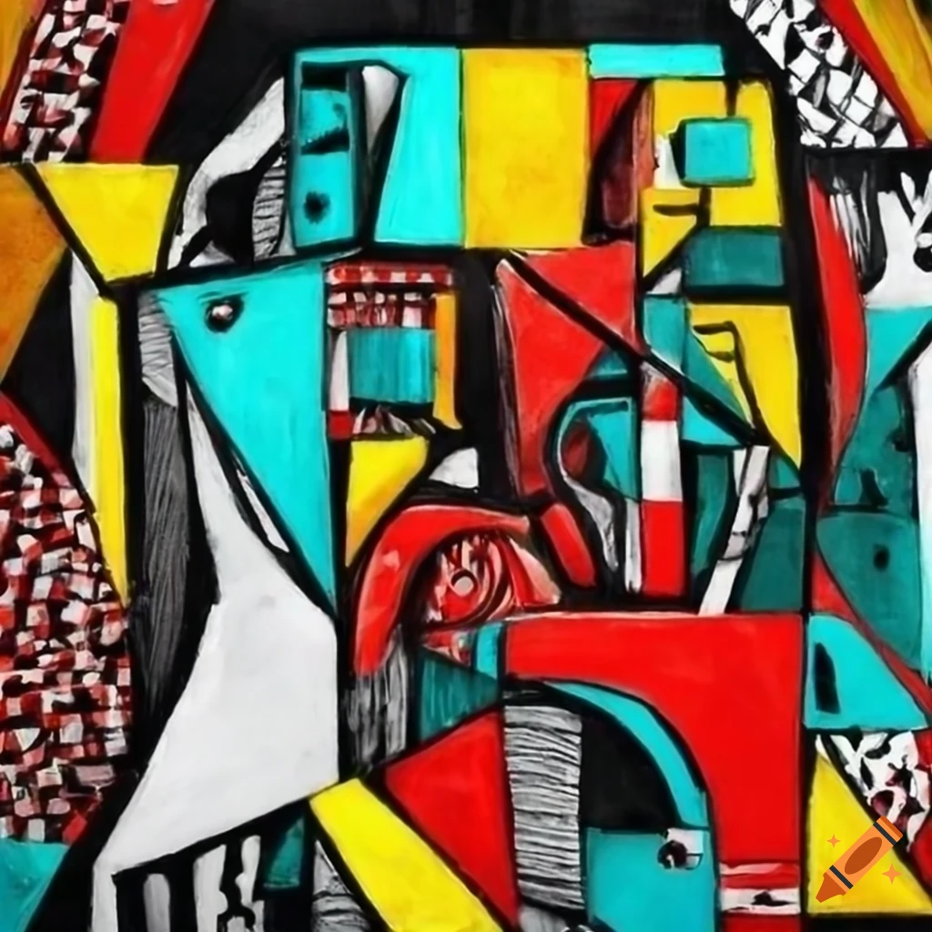 surrealist black and white doodles with red, yellow, turquoise and thin black lines