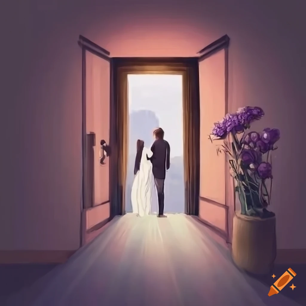 Romantic couple walking through an open door