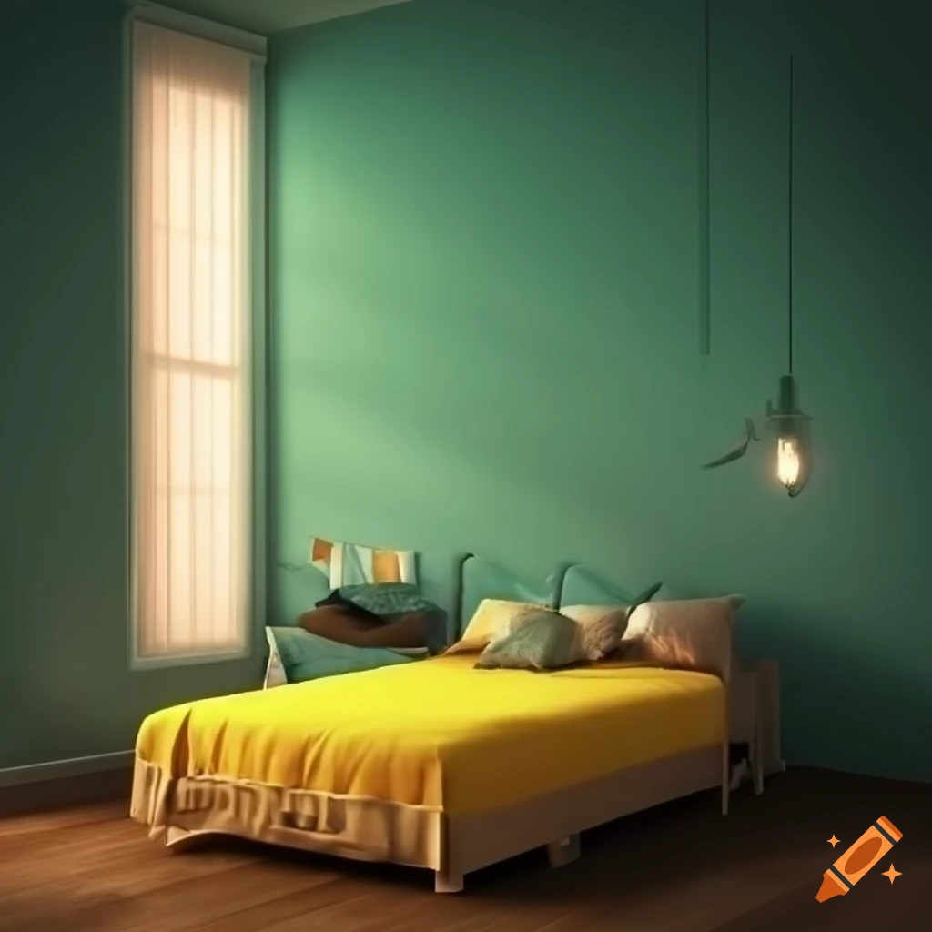 Comfortable and colorful bedroom with raised king sized bed on Craiyon