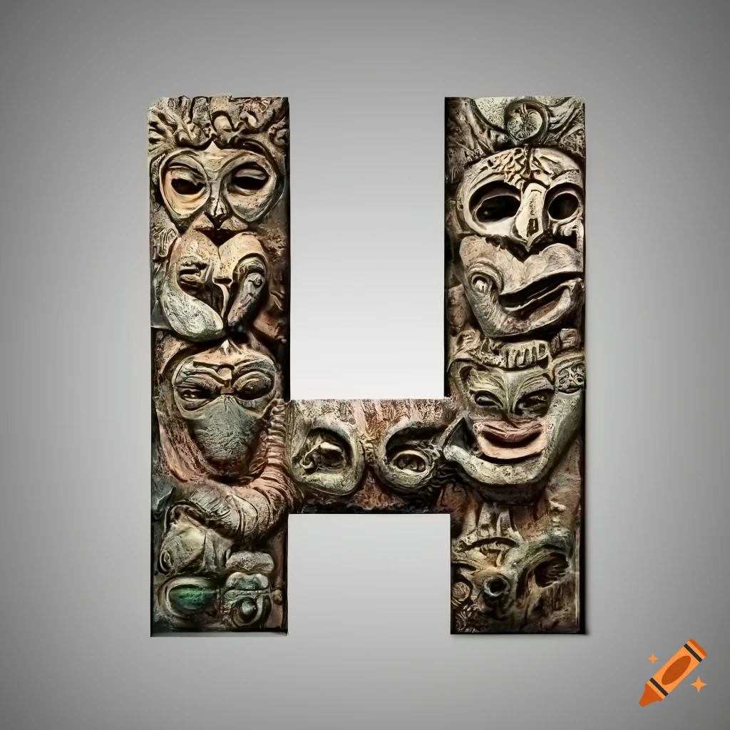 ultra-realistic stone letter "C" with Etruscan masks