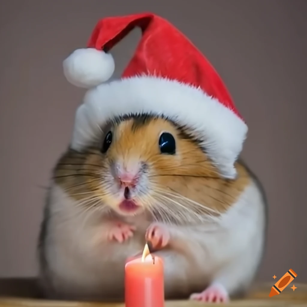 Cute hamster wearing a santa hat with a candle