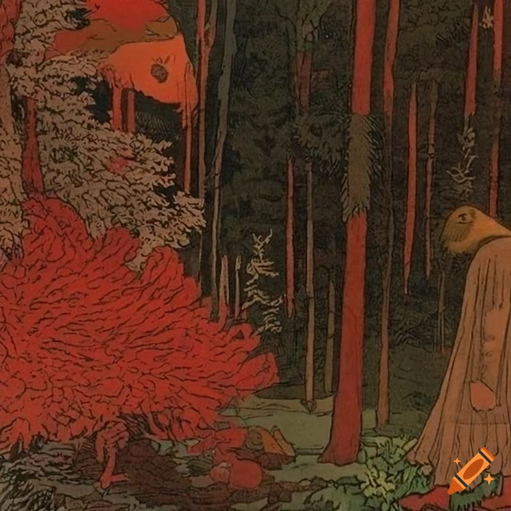 illustration of avian forest scene with snow and red accents