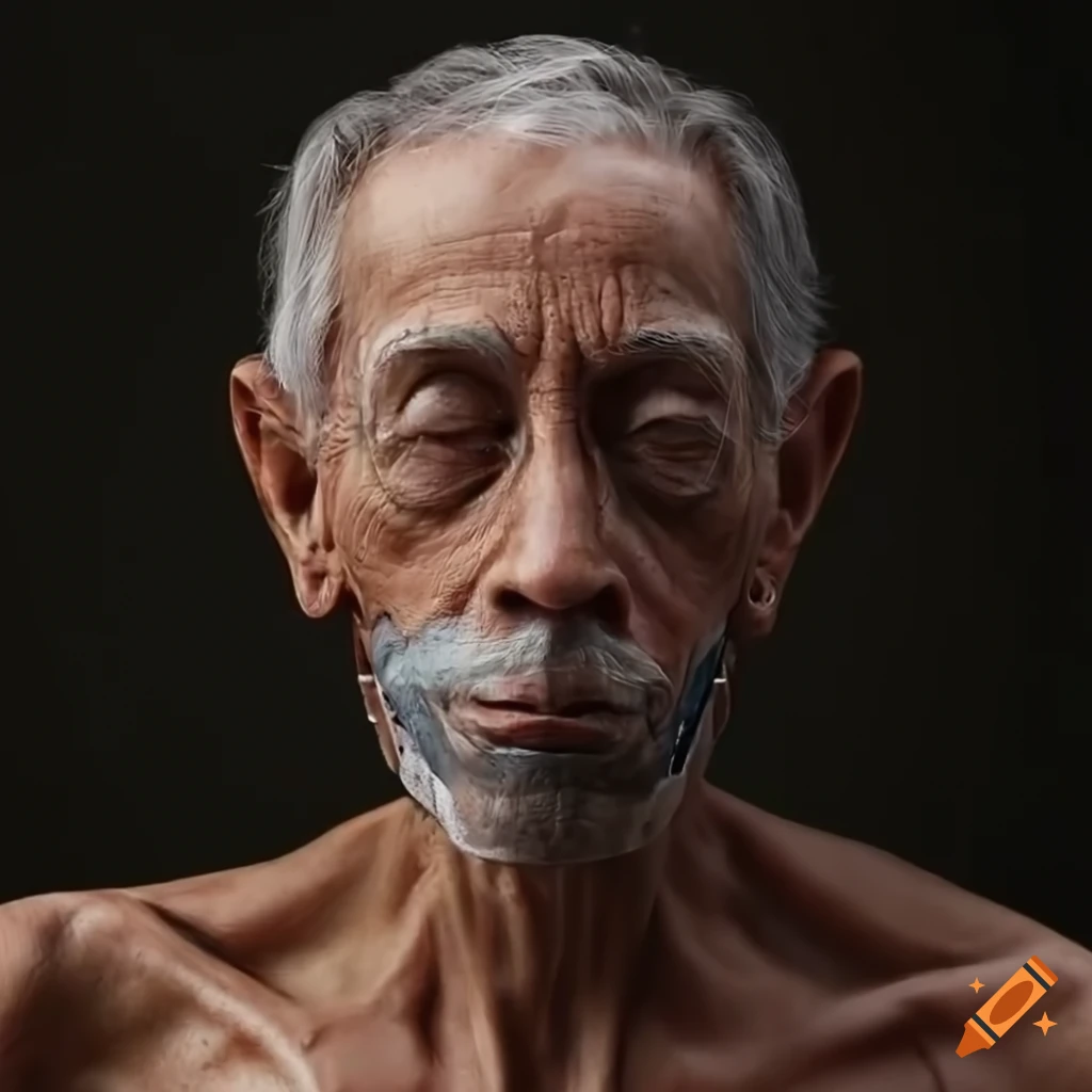 portrait of a handsome elderly cyborg with iron enhancements