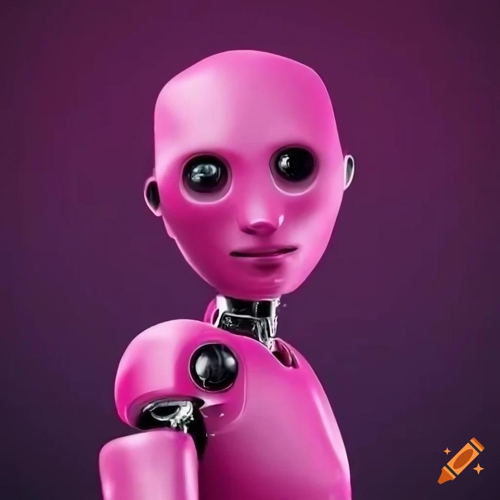 adorable robot with heart-shaped eyes on a pink background