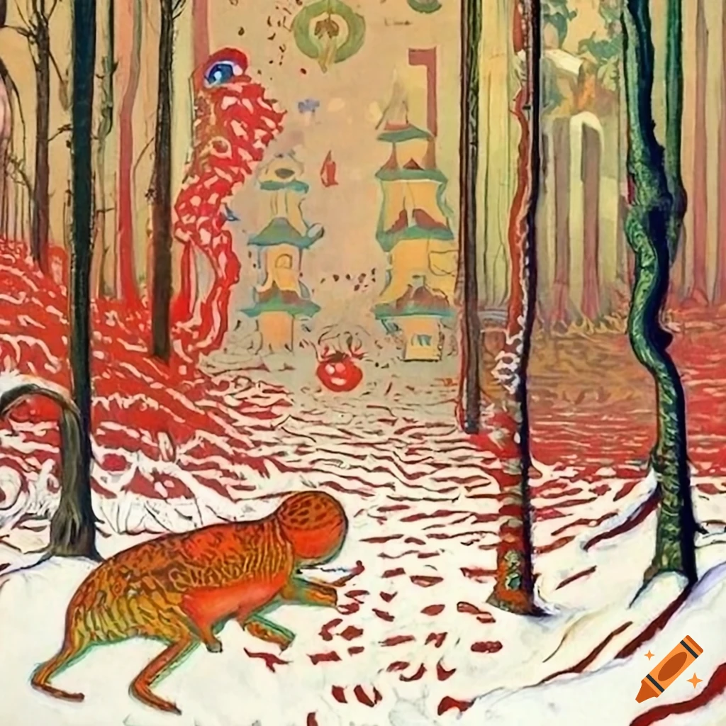 festive Christmas forest illustration with Native Salish and Russian motifs