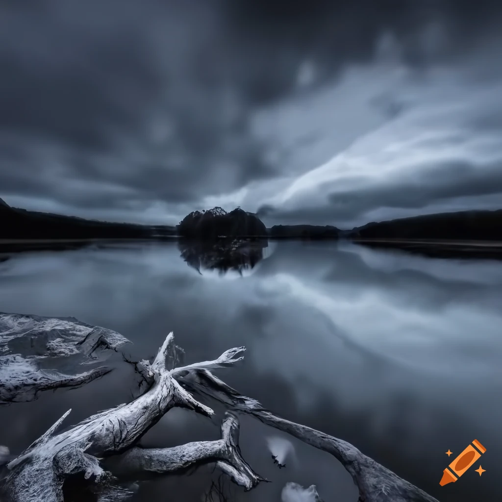 photograph of a dead oak tree on a frozen lake