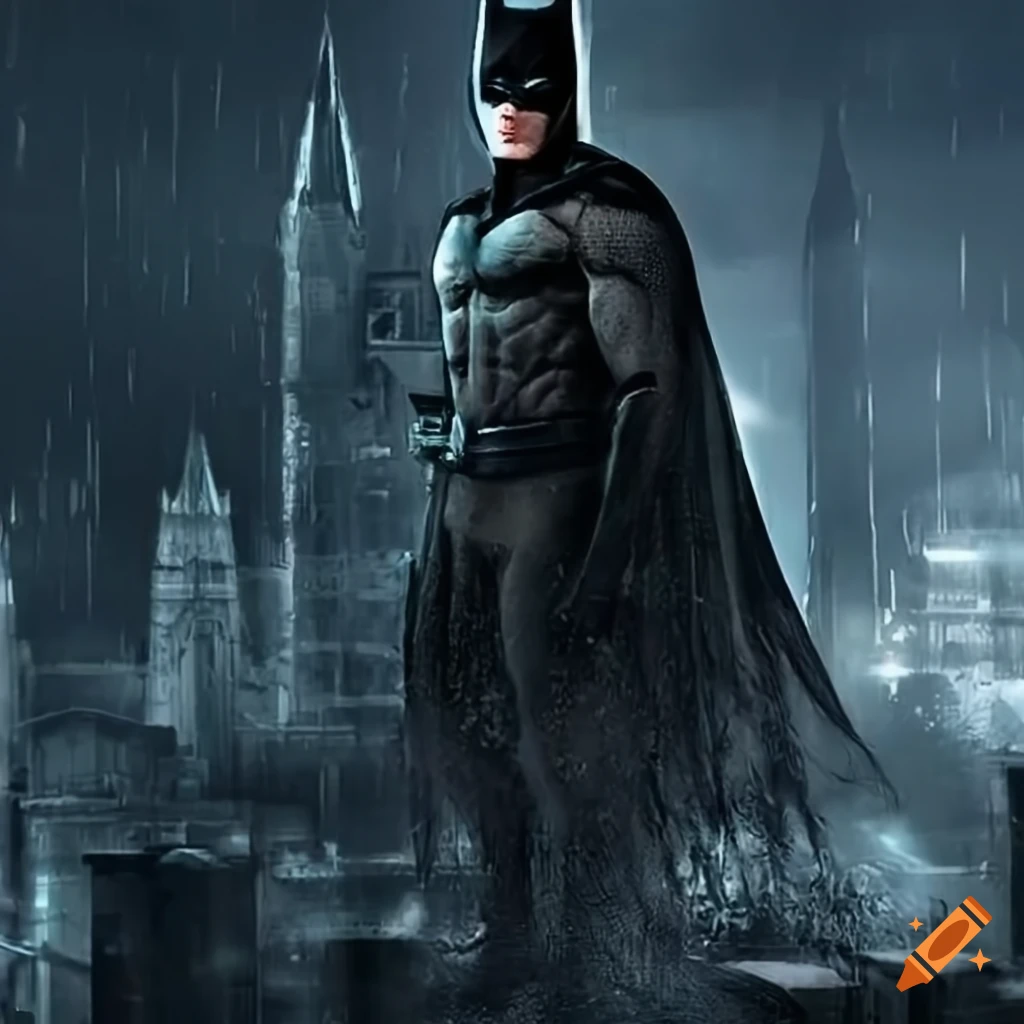 Batman overlooking Gotham City in the rain