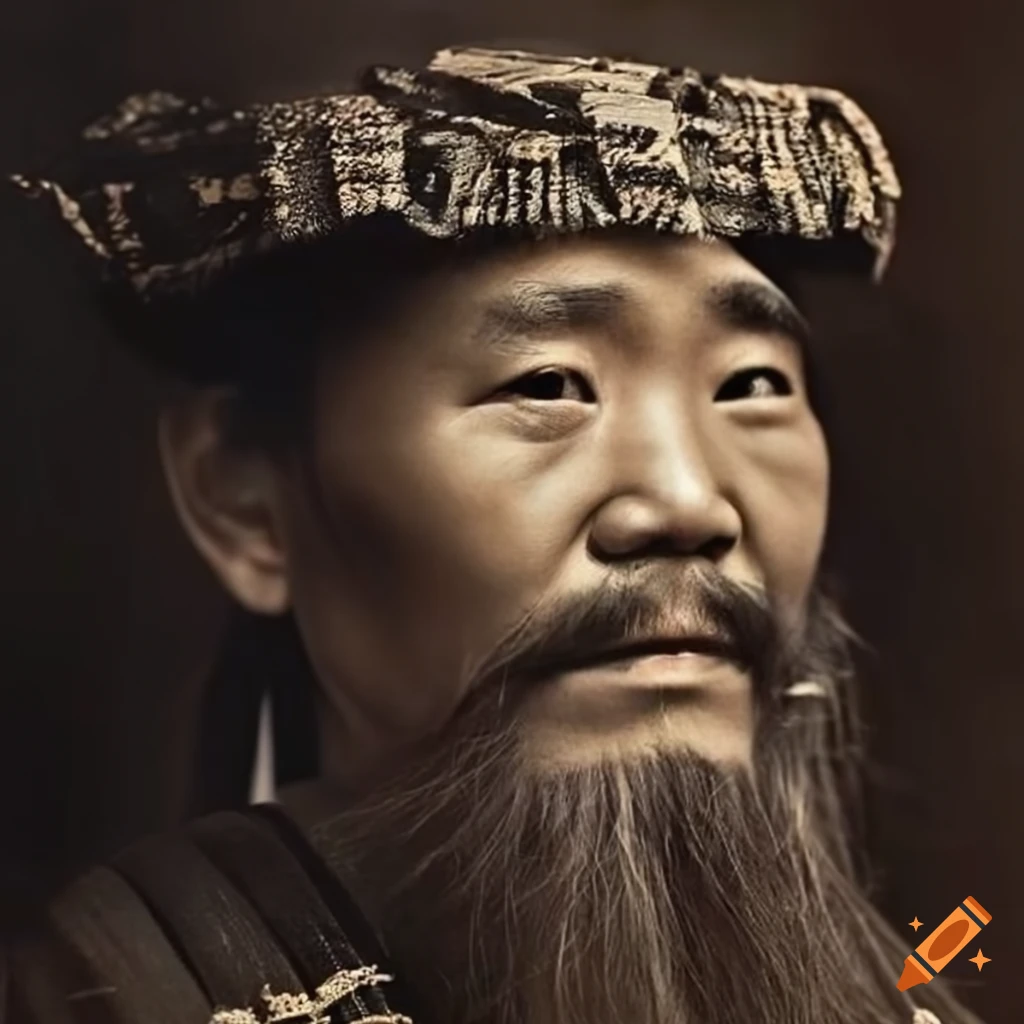 portrait of a young Ainu man in traditional attire