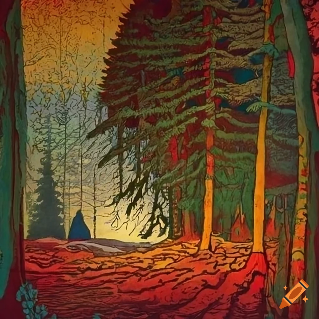 illustration of a cloisonné forest scene with Native Salish and Russian fairytale motifs