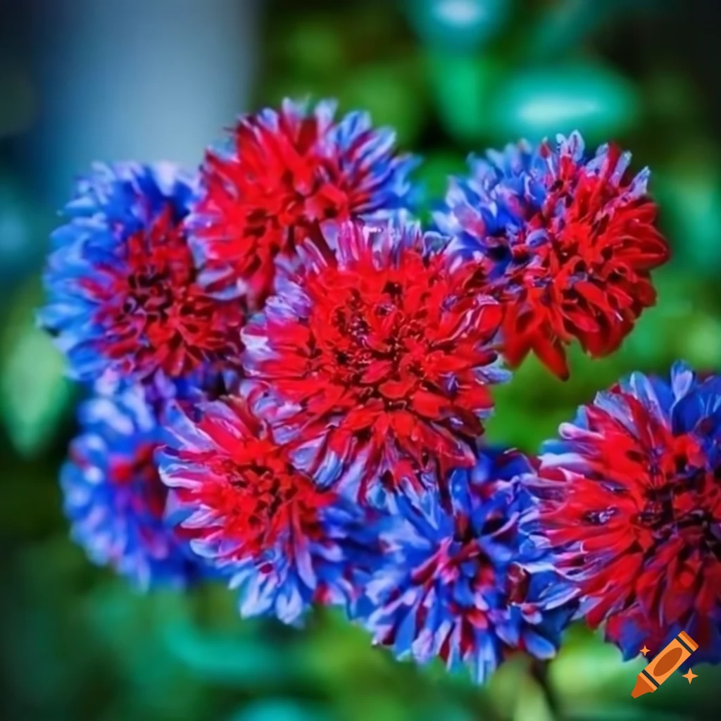 vibrant mix of red and blue flowers in a garden