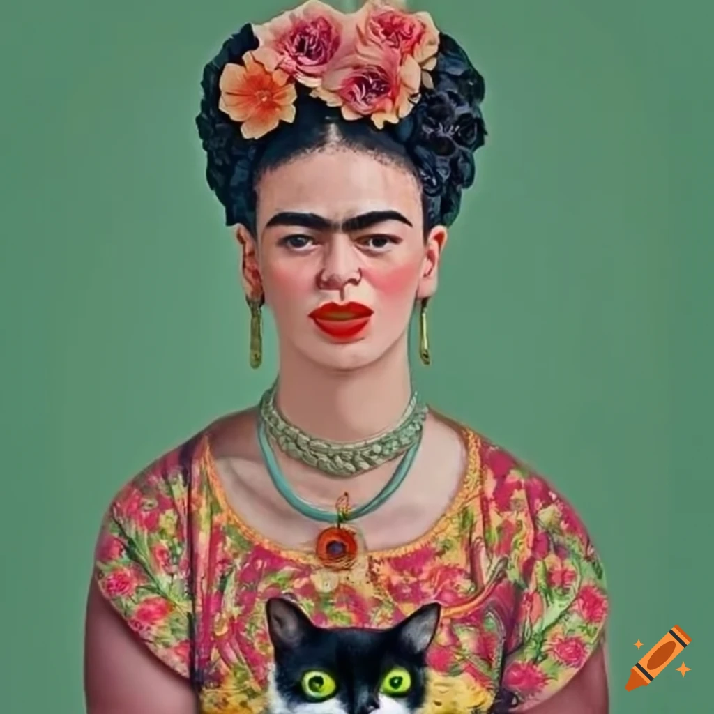 Frida Kahlo with flowers and a cat