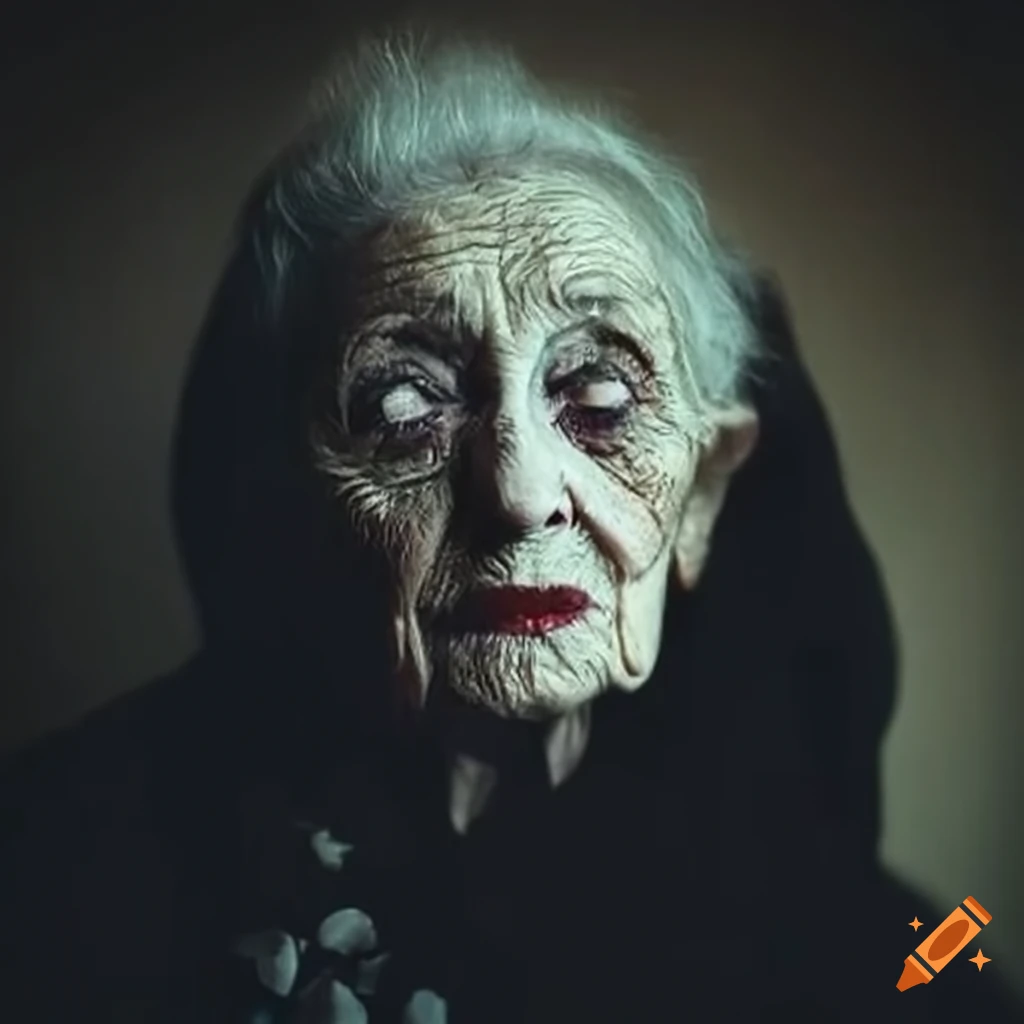 portrait of a sinister elderly woman with haunting gaze