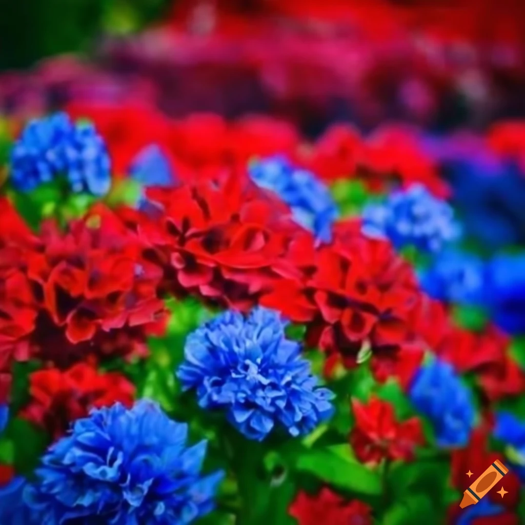 vibrant mix of red and blue flowers in a garden