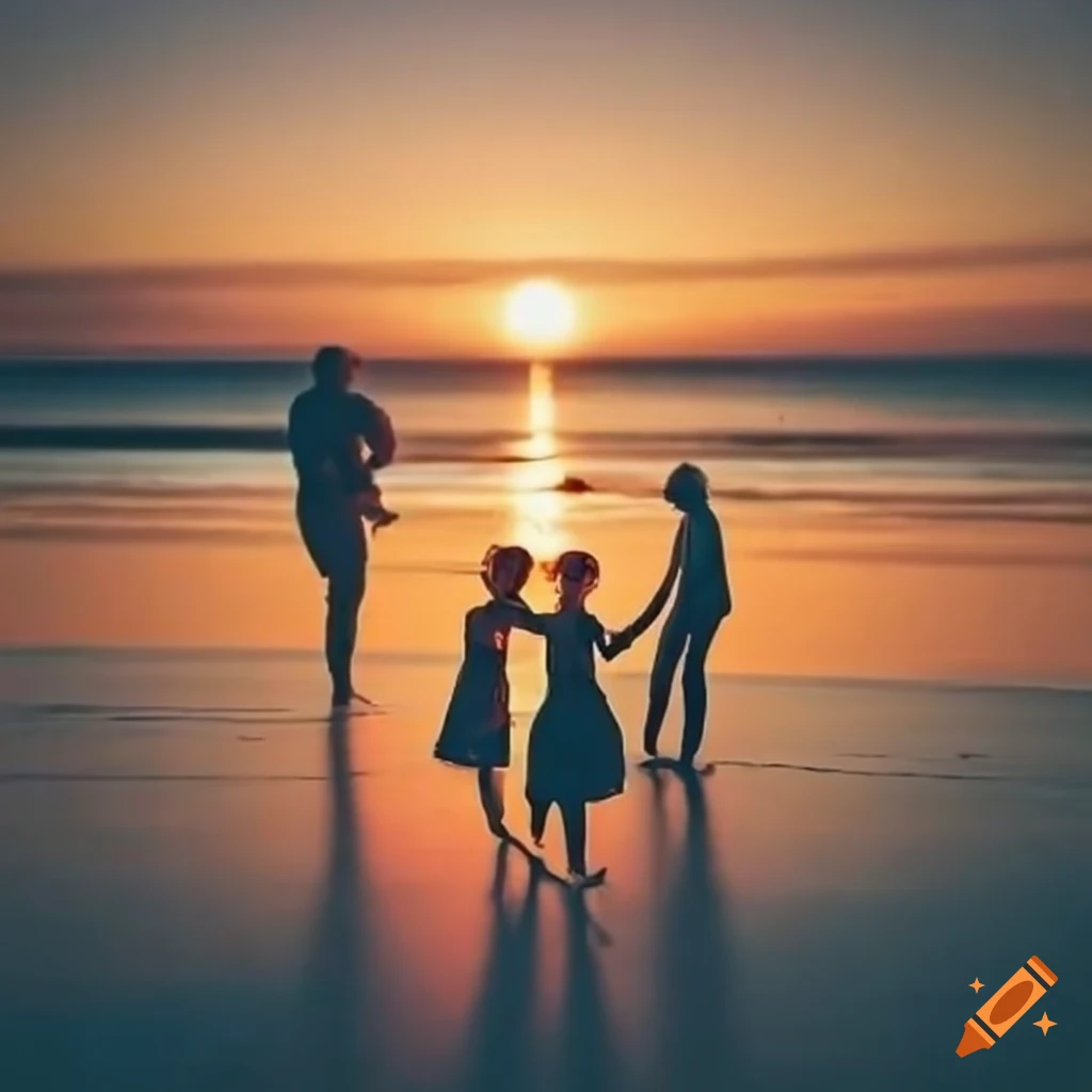 Strand mit Sonnenuntergang und einer glücklichen Familie im Hintergrund