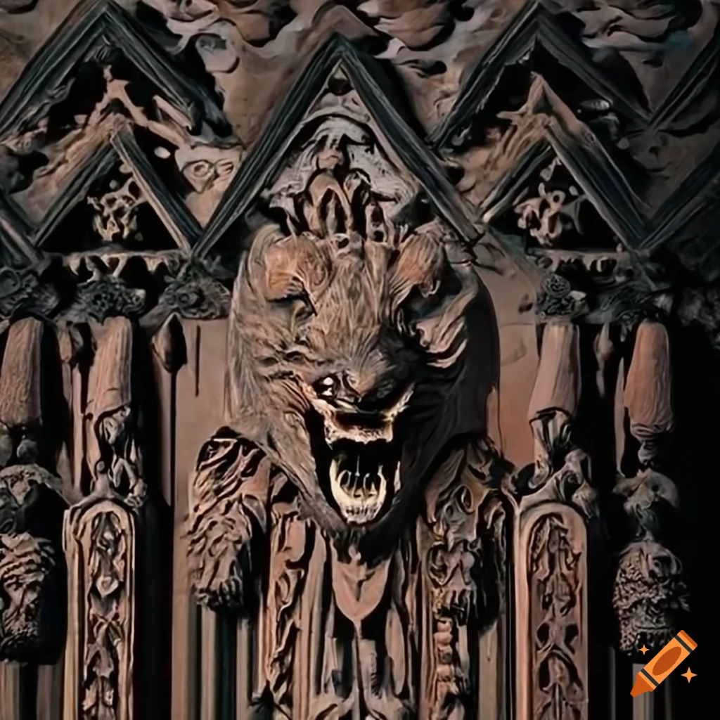 wood carving of a moth and werewolf motif