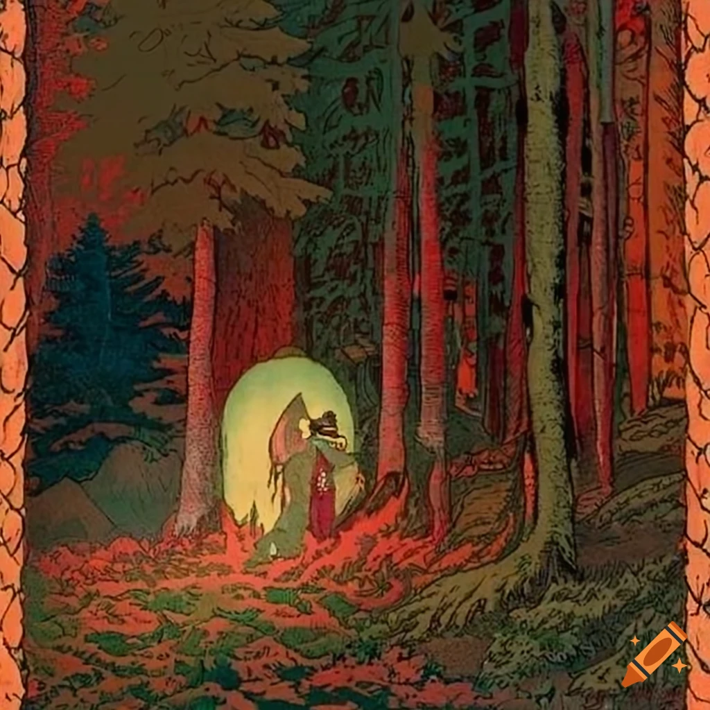 illustration of a forest scene with Native Salish and Russian fairytale motifs