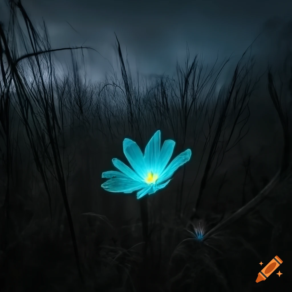 Hdr photograph of a glowing flower in a dark field on Craiyon