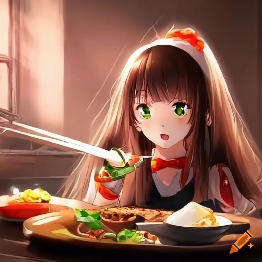 Premium Photo | Anime girl eating a bowl of noodles with chopsticks  generative ai