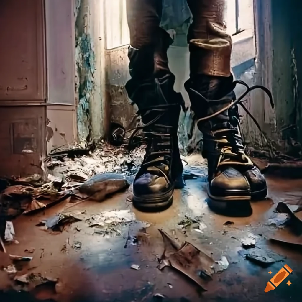 Feet of two men in dirty boots walking in an abandoned house on Craiyon