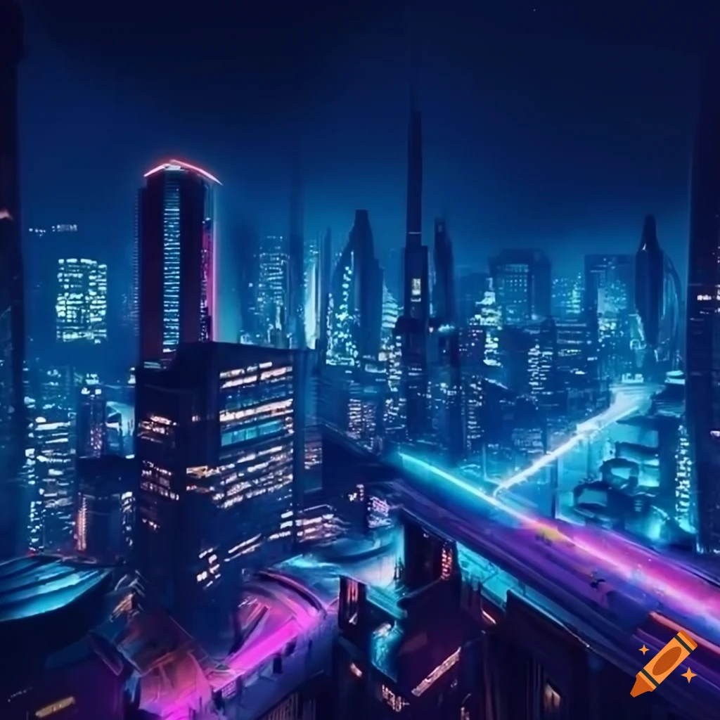 Futuristic City Illuminated By Neon Lights At Night On Craiyon