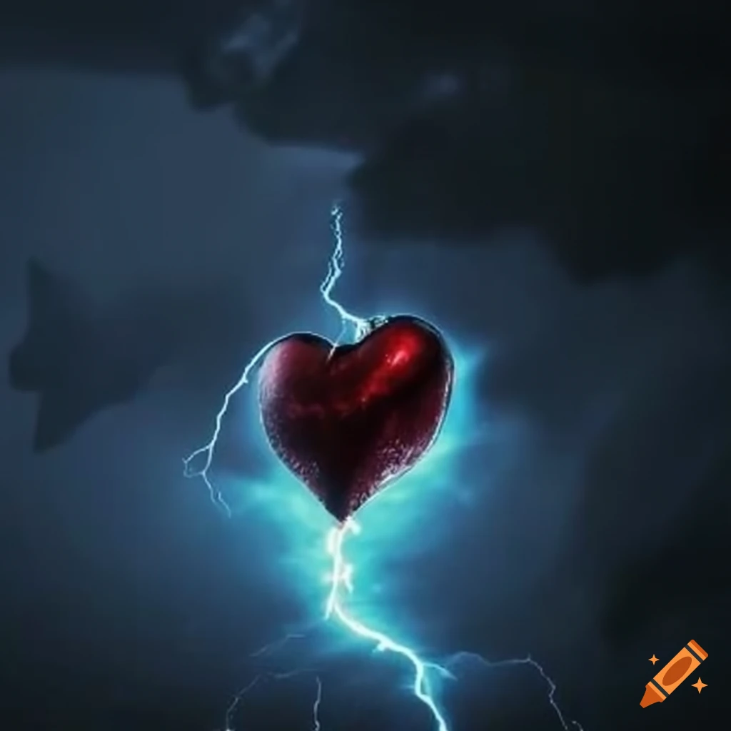 heart surrounded by lightning in a dark setting