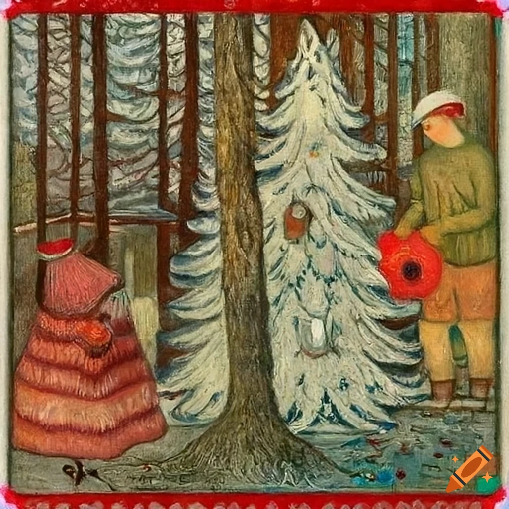 detailed oil painting of a festive Christmas forest scene