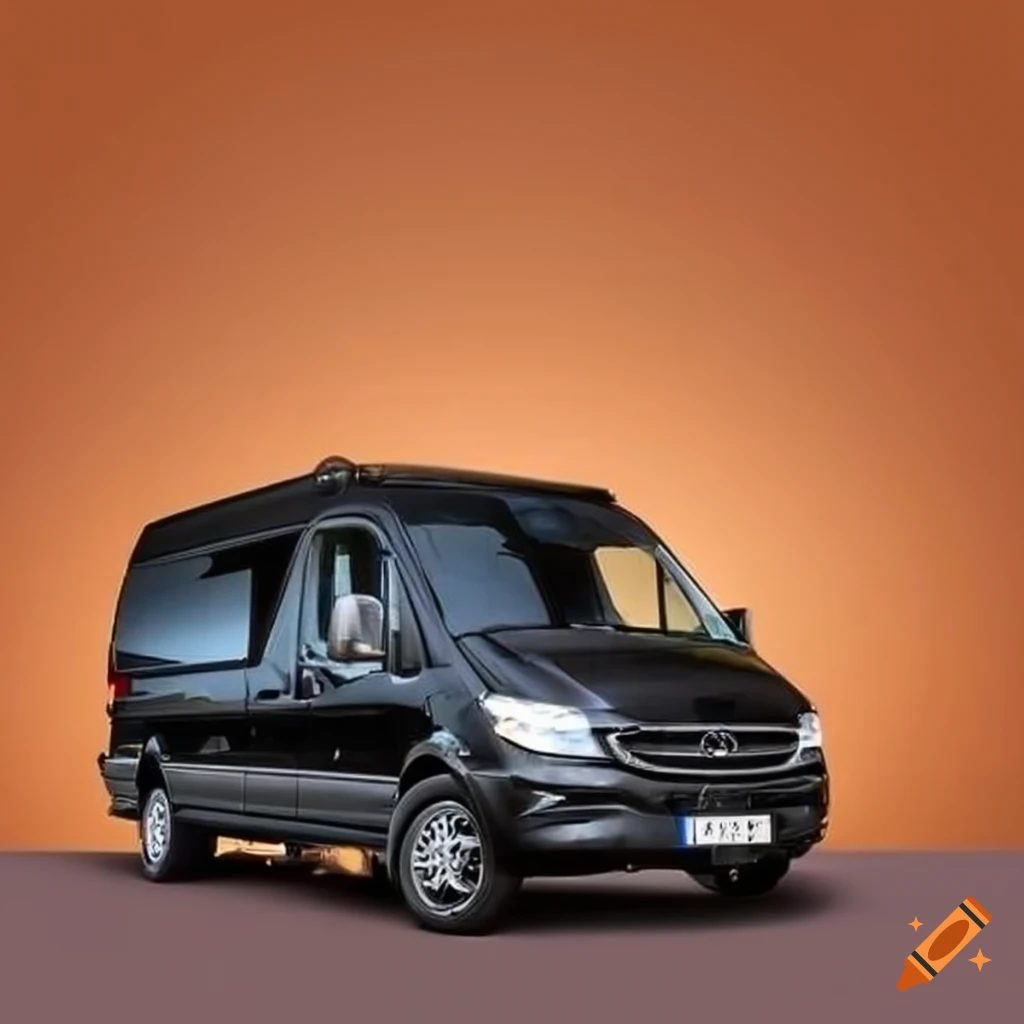 elegant black luxury sprinter van parked in front of vibrant orange backdrop
