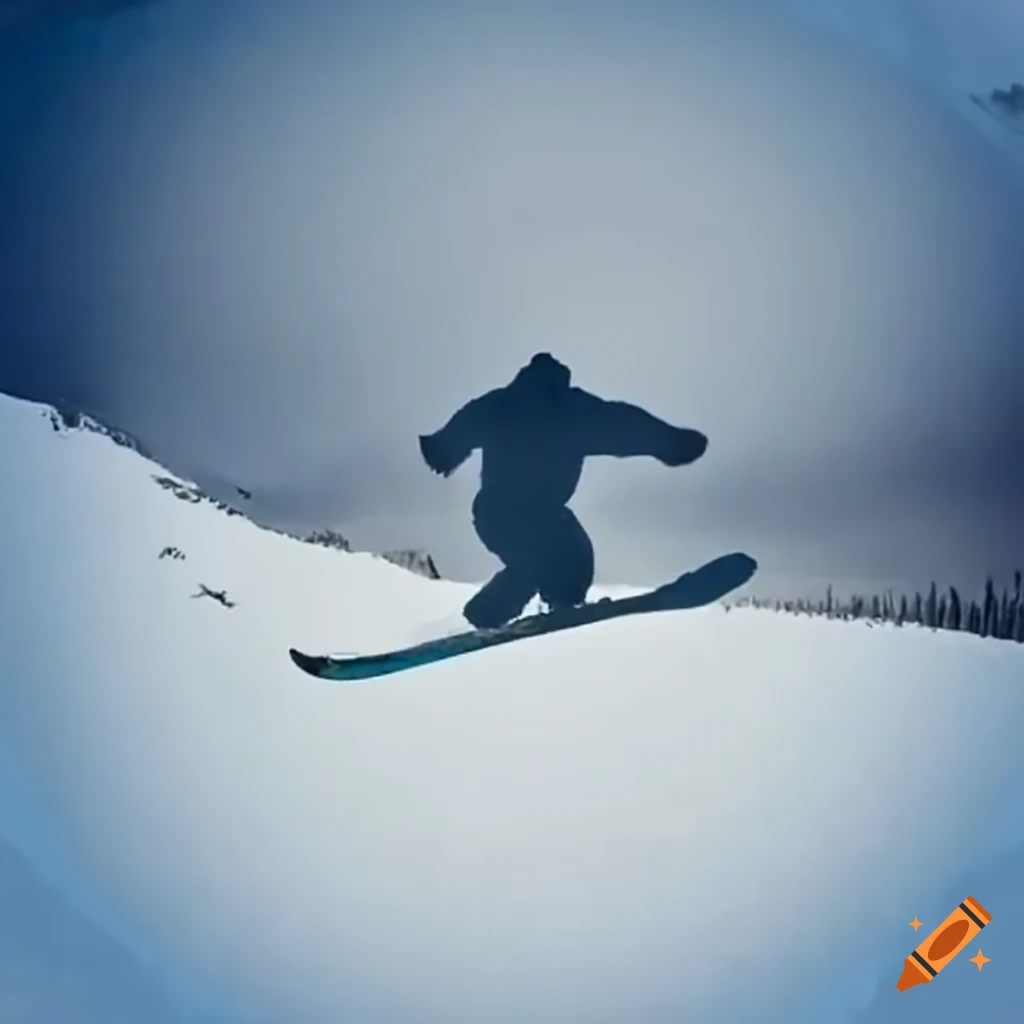 Surreal image of bigfoot snowboarding down a snowy mountain