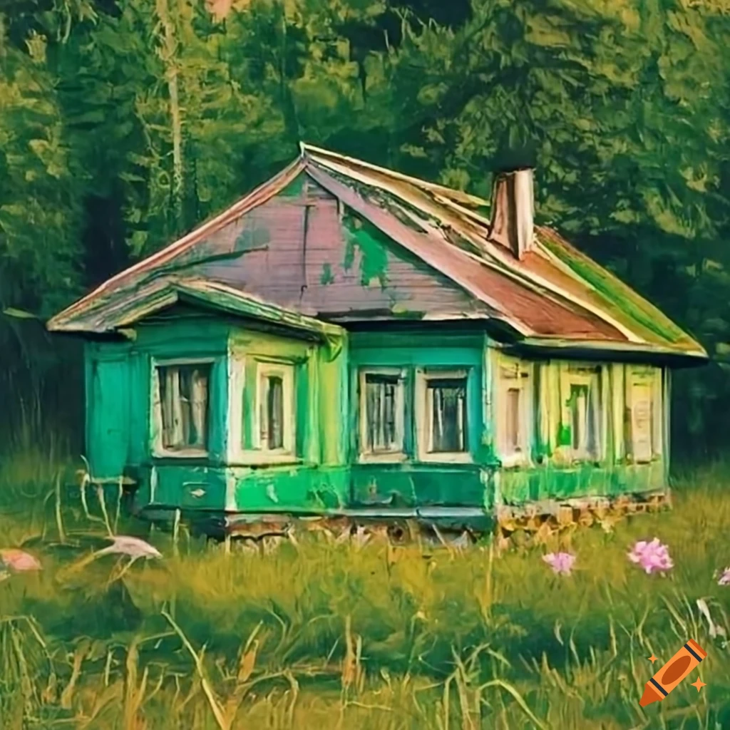 Wooden soviet dacha surrounded by flowers and grass