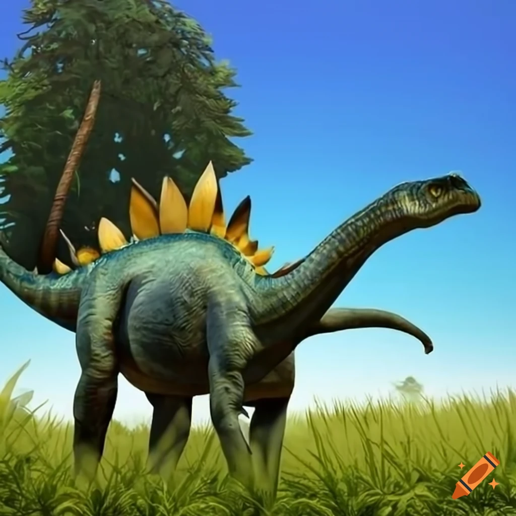sunny scenery with a large blue stegosaurus
