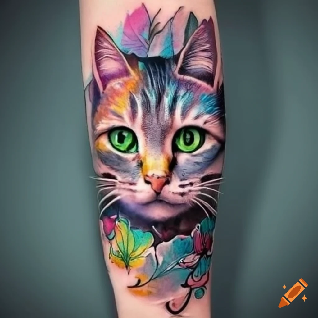 Colorful Tattoo Sleeve With Cat And Leaves