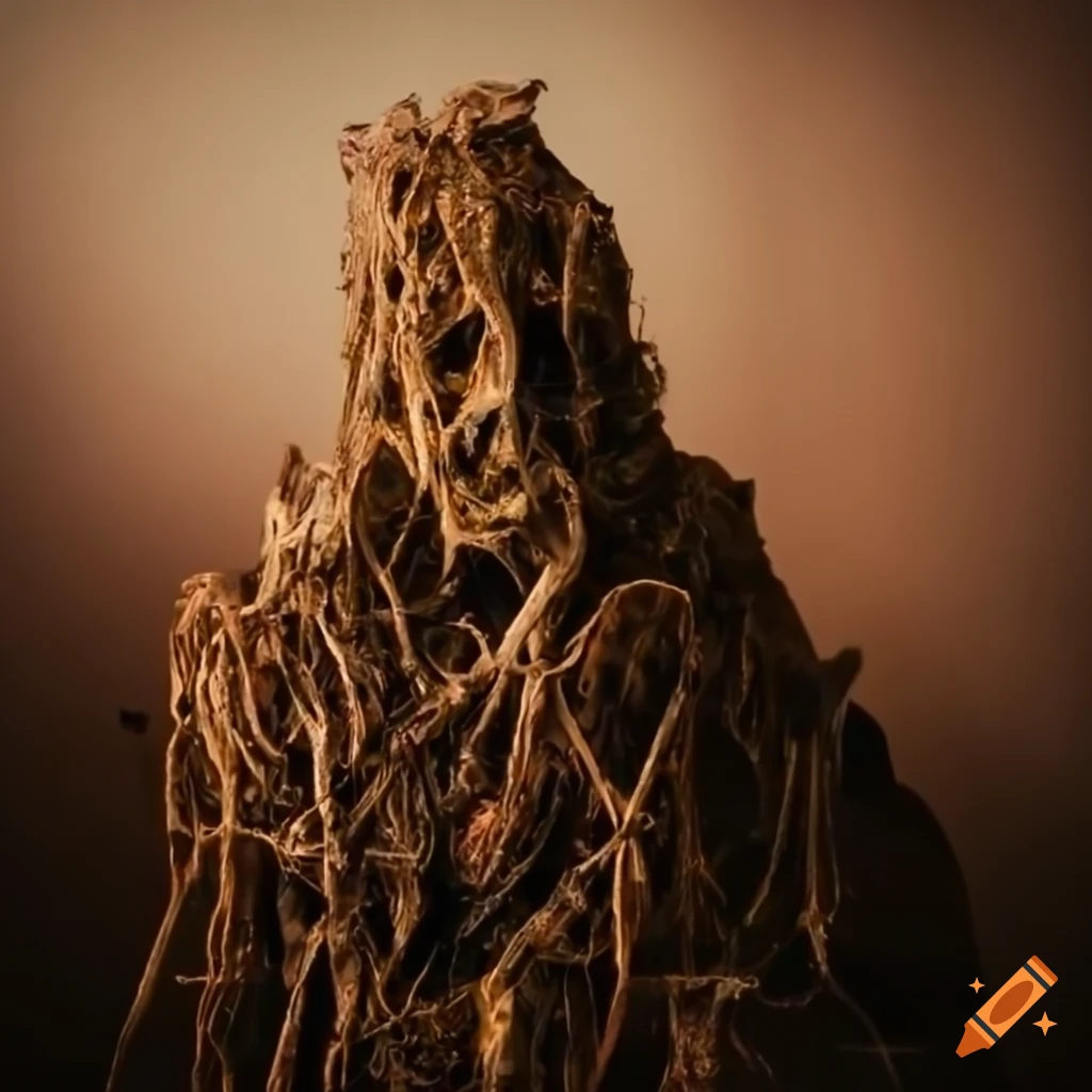 sculpture of a distorted figure caught in a web of branches and junk